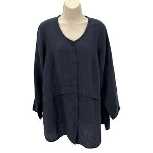 NWOT Flax Womens Navy Blue 100% Linen Button-Down Top V-Neck Long Sleeves Small
